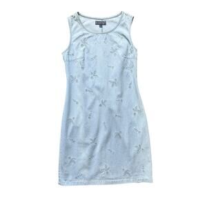 Vintage Beaded Light Denim Cotton Sleeveless Dress Women’s Small